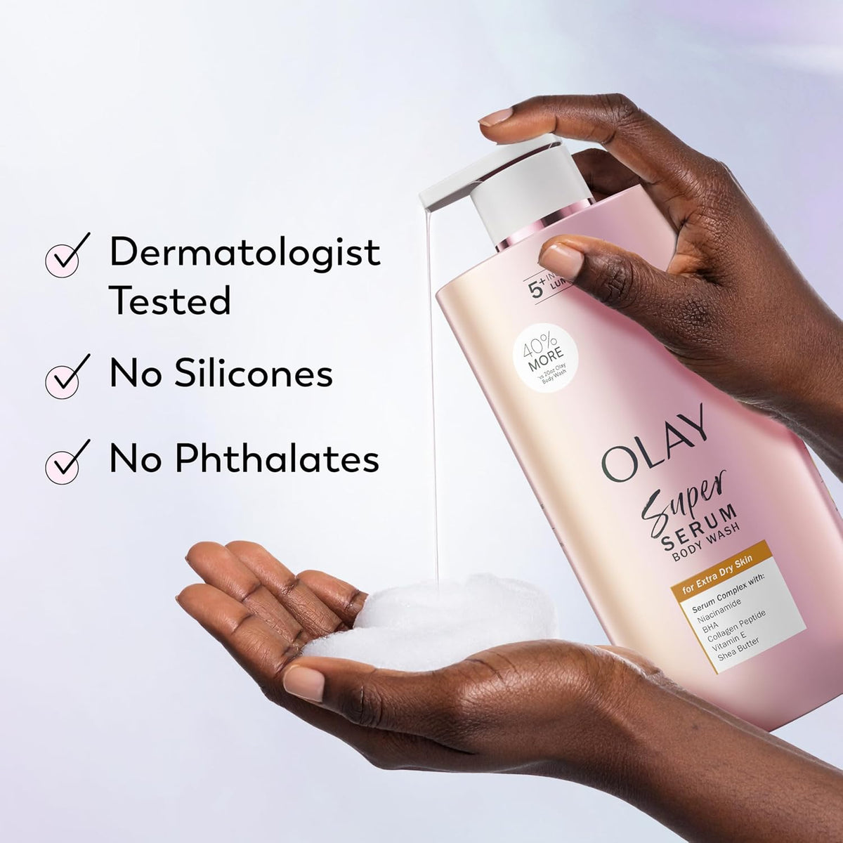  Olay Super Serum body wash bottle with pump on a white background