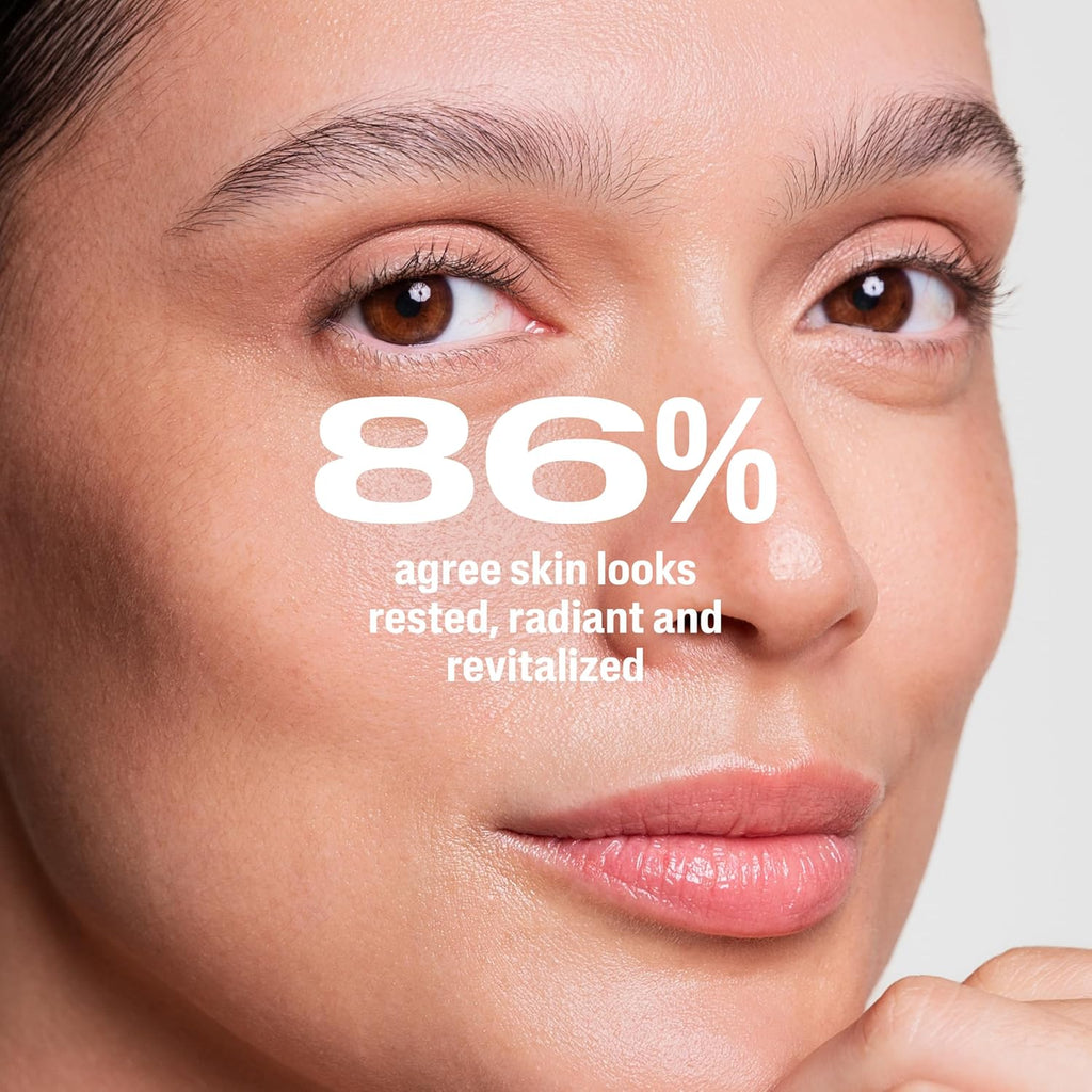 Close-up of a person's face with text indicating skin revitalization percentages.