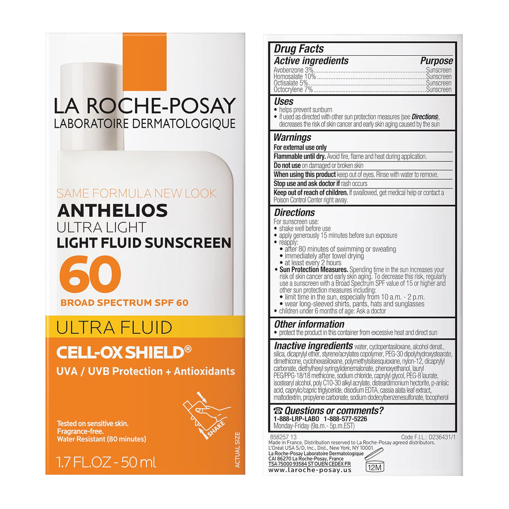 Front and back of a La Roche-Posay Anthelios Ultra Light Fluid Sunscreen 60 bottle package shown on a plain white background. The front is orange, white, and black, while the back panel contains drug facts, warnings, directions, and other ingredients.