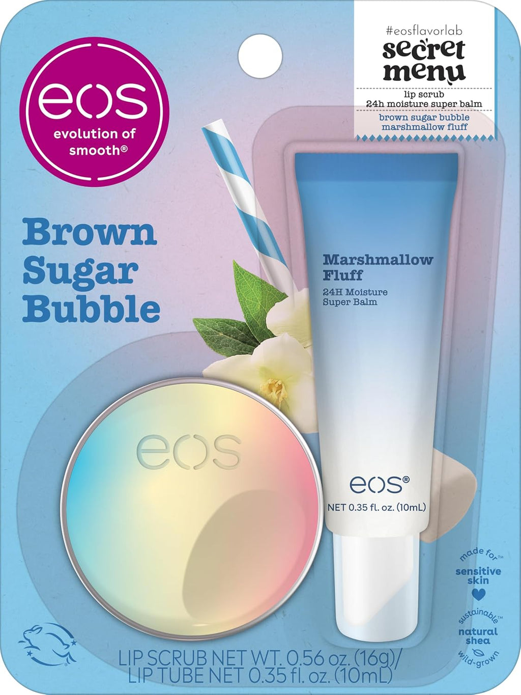 A retail carded set from EOS (evolution of smooth) featuring the Brown Sugar Bubble lip scrub in a round iridescent compact and the Marshmallow Fluff 24H Moisture Super Balm in a blue squeeze tube. The packaging includes a blue-and-white striped straw and a white flower illustration, with text reading 'EOS evolution of smooth', 'Brown Sugar Bubble', and 'secret menu lip scrub 24h moisture super balm'.