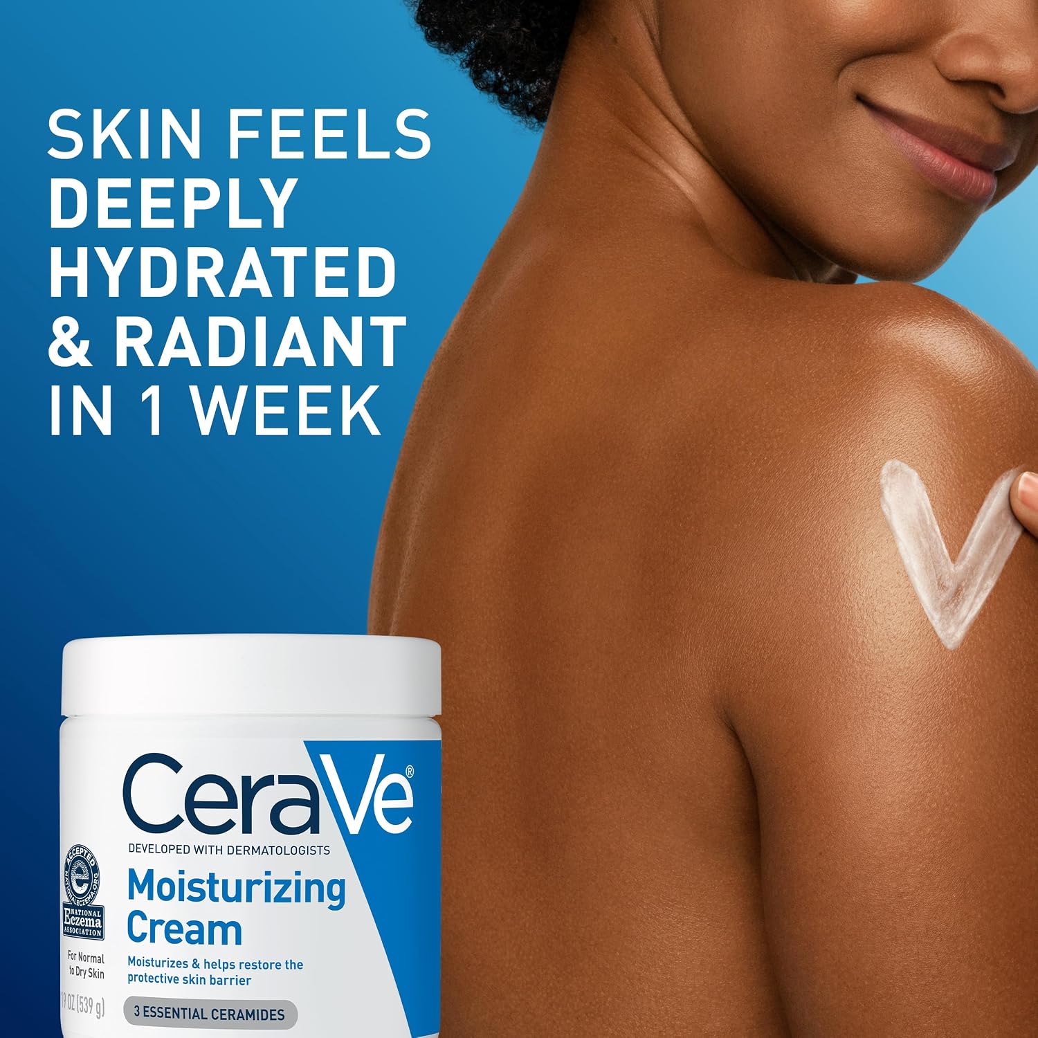 CeraVe moisturizing cream with a person showing hydrated skin on a blue background