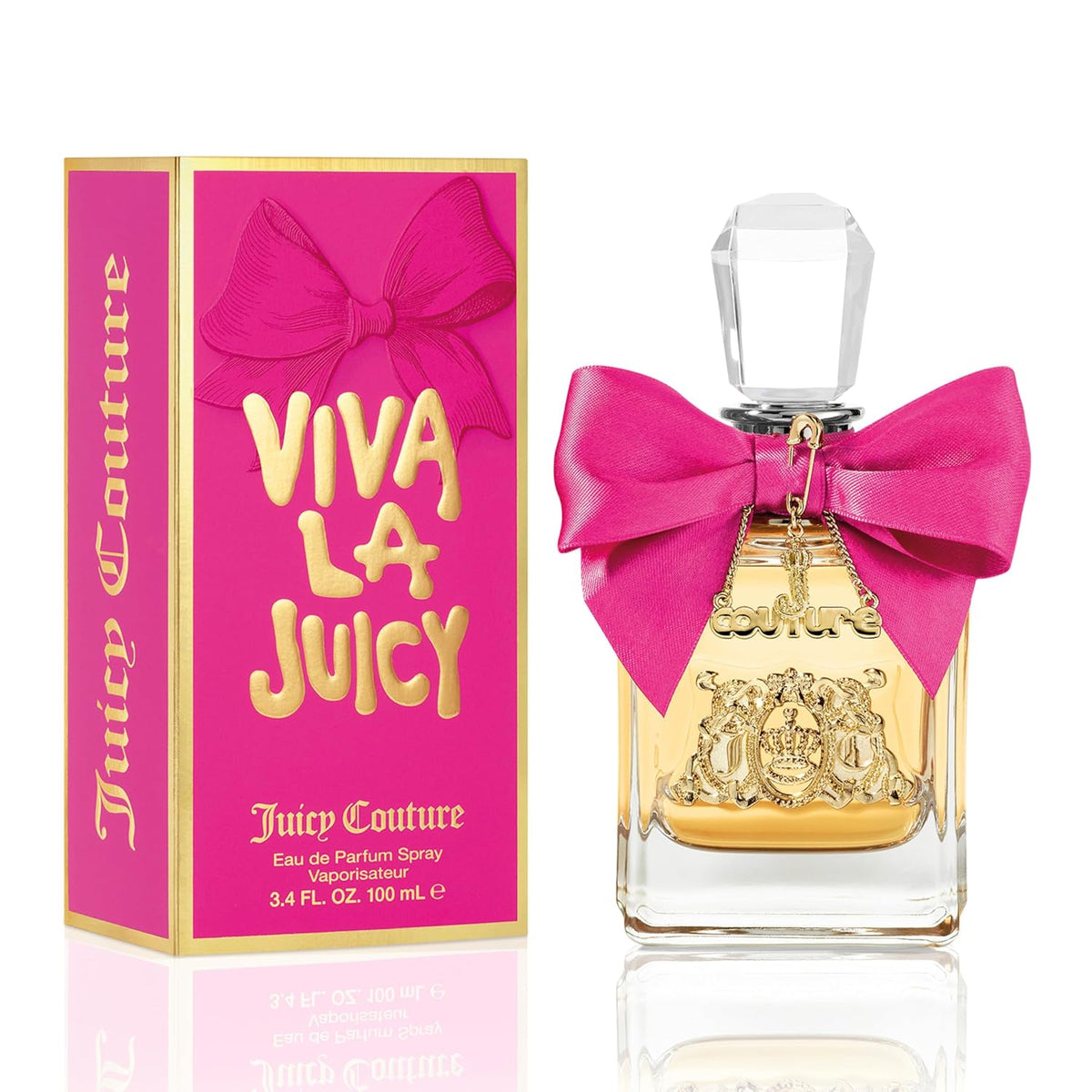 Juicy Couture VIVA LA JUICY Eau de Parfum 100 ml bottle with a large pink satin bow, shown next to its pink and gold packaging box on a white background with a reflection.