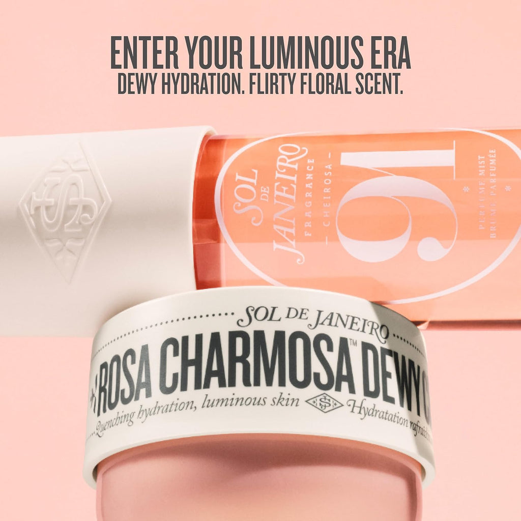 Sol de Janeiro skincare set featuring a jar of Rosa Charmosa Dewy Cream in a pale peach-beige shade and a matching orange bottle with a white cap, both labeled Sol de Janeiro Fragrance California 91.
