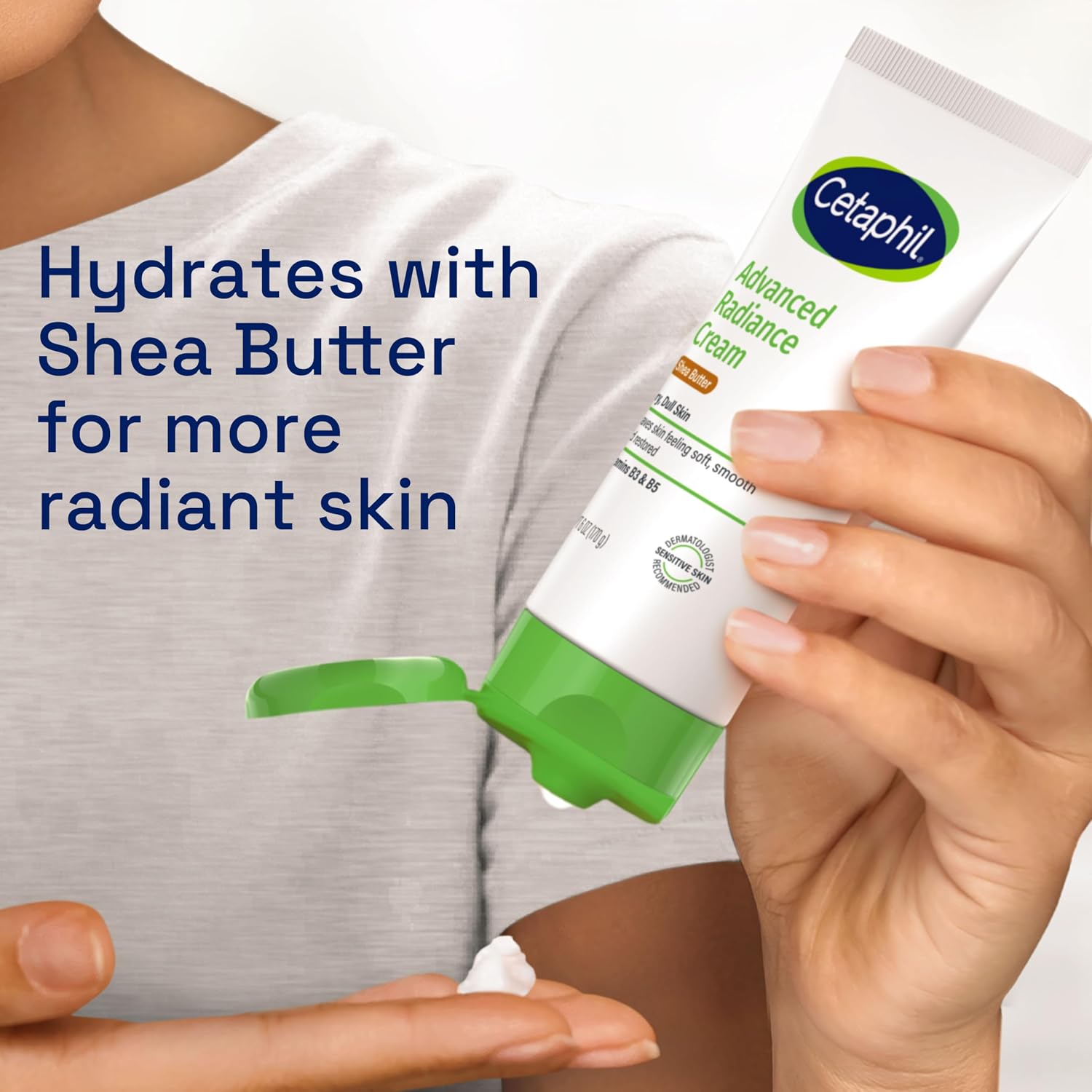 Cetaphil cream being applied with text about hydrating with shea butter for radiant skin