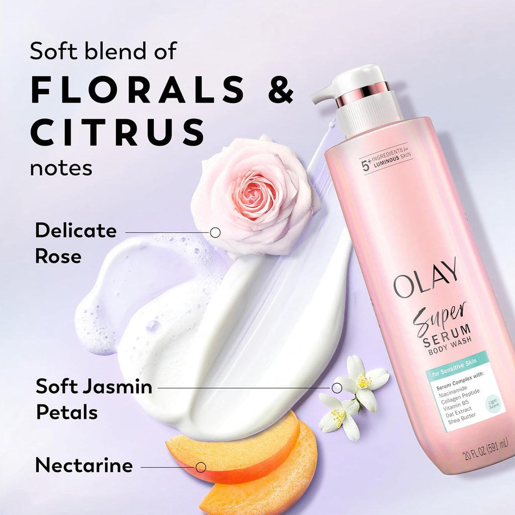 Olay Super Serum body wash bottle with floral elements and product description on a light purple background