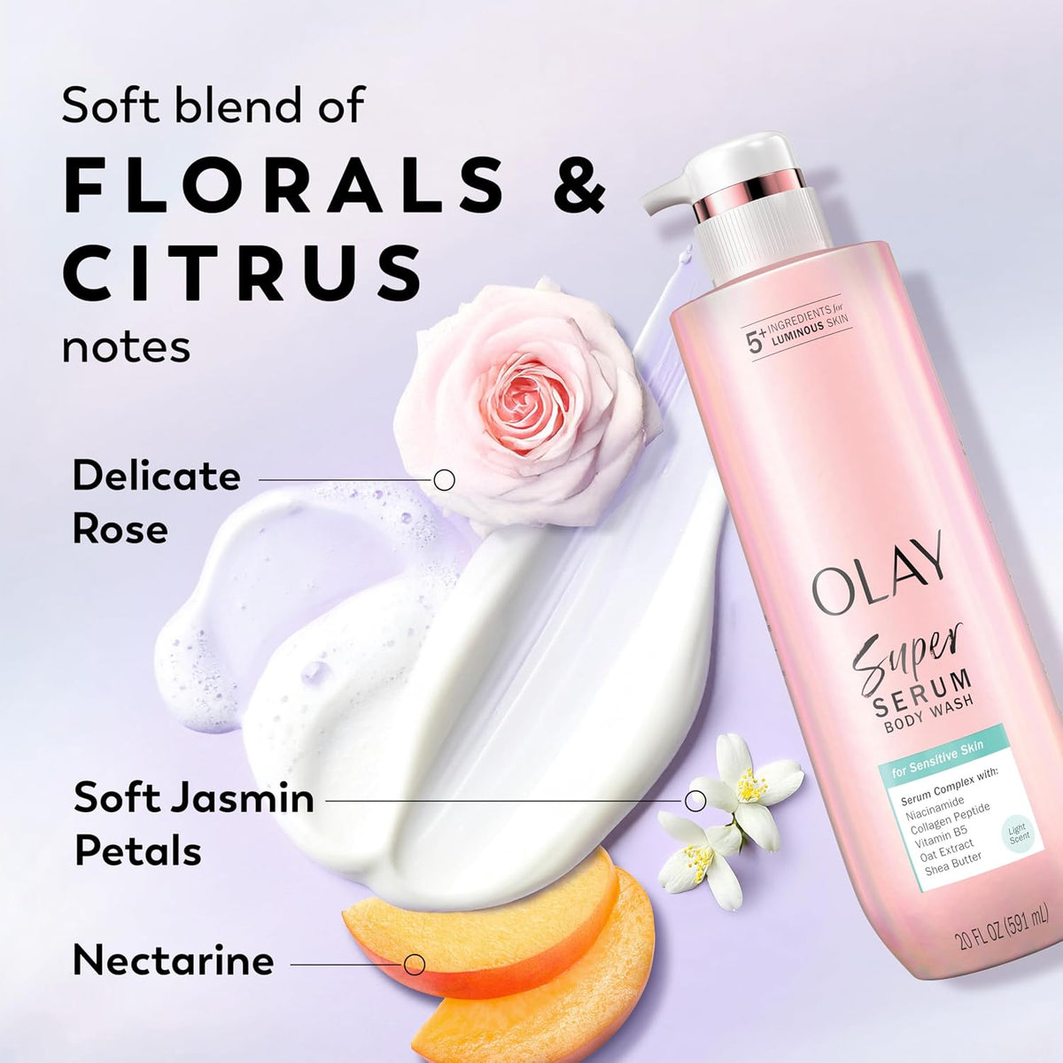 Olay Super Serum body wash bottle with floral elements and product description on a light purple background