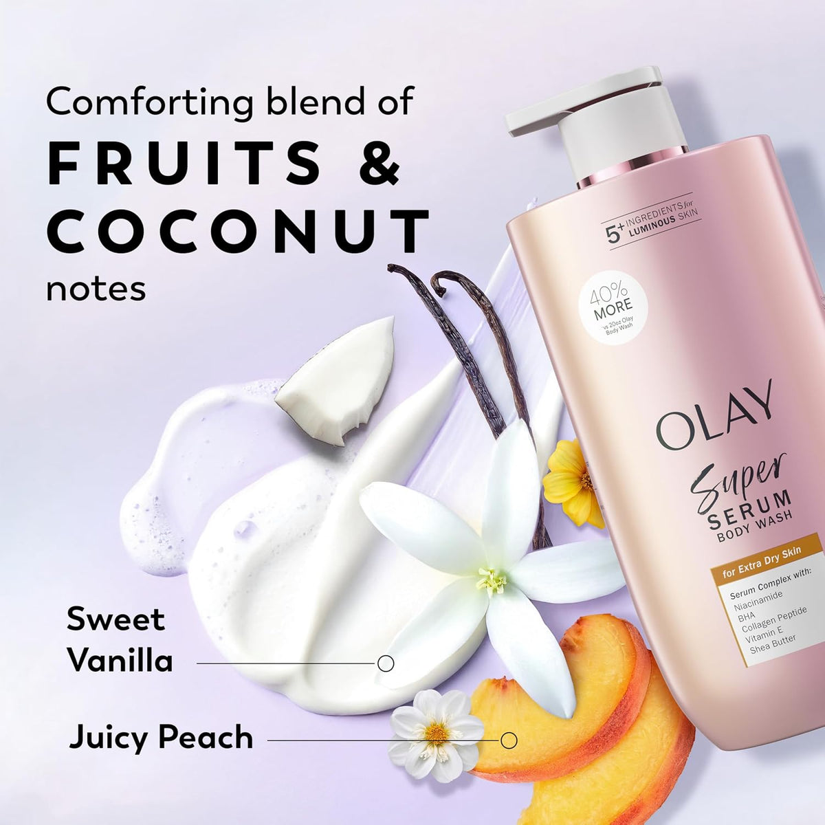 Olay Super Serum body wash bottle with fruits and flowers on a light purple background