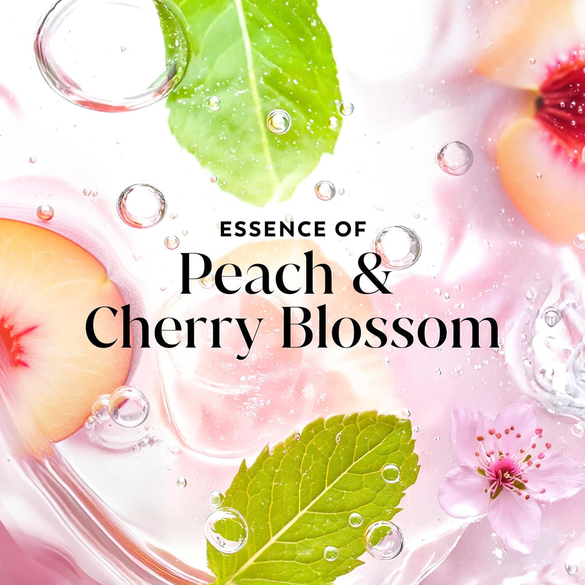 Product packaging with peach slices, cherry blossoms, and green leaves on a pink background with water droplets.