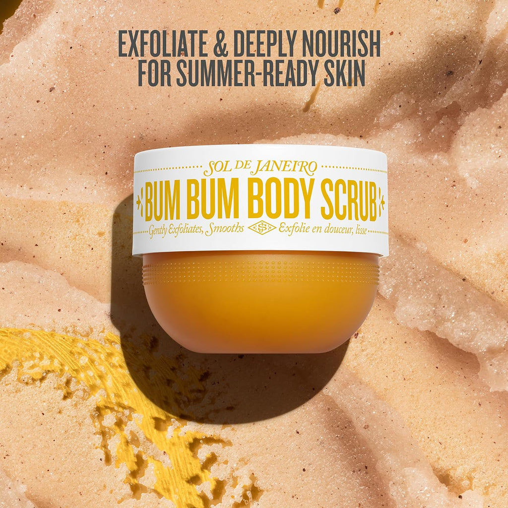 Bum Bum Body Scrub container with text on a textured beige background