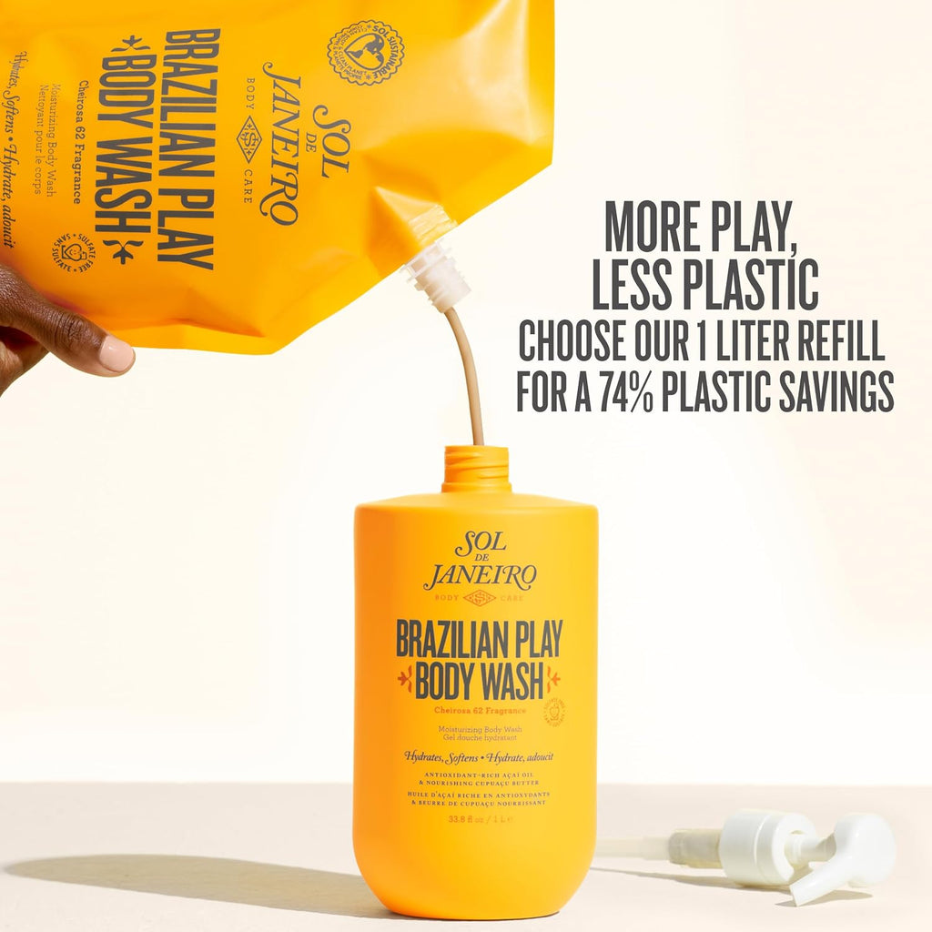 Yellow bottle of Brazilian Play Body Wash being refilled from a yellow refill pouch on a white background.