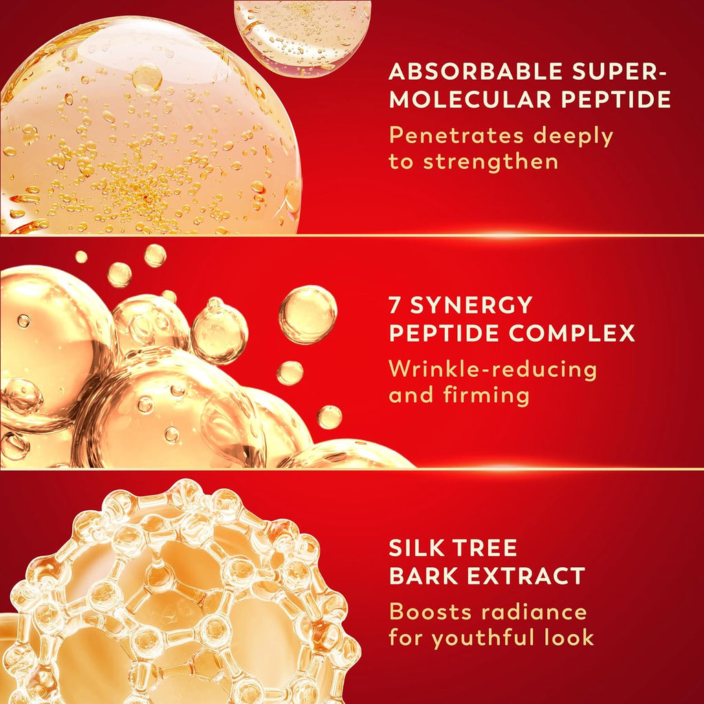 A red promotional graphic with three horizontal panels showing golden translucent molecules and bubbles, accompanied by text describing skincare ingredients: absorbable super-molecular peptide, 7 synergy peptide complex, and silk tree bark extract.