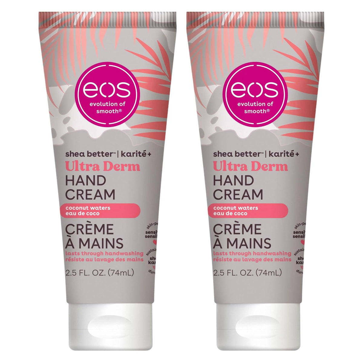 Two tubes of EOS Evolution of Smooth Ultra Derm Hand Cream in Coconut Waters, side by side on a white background.