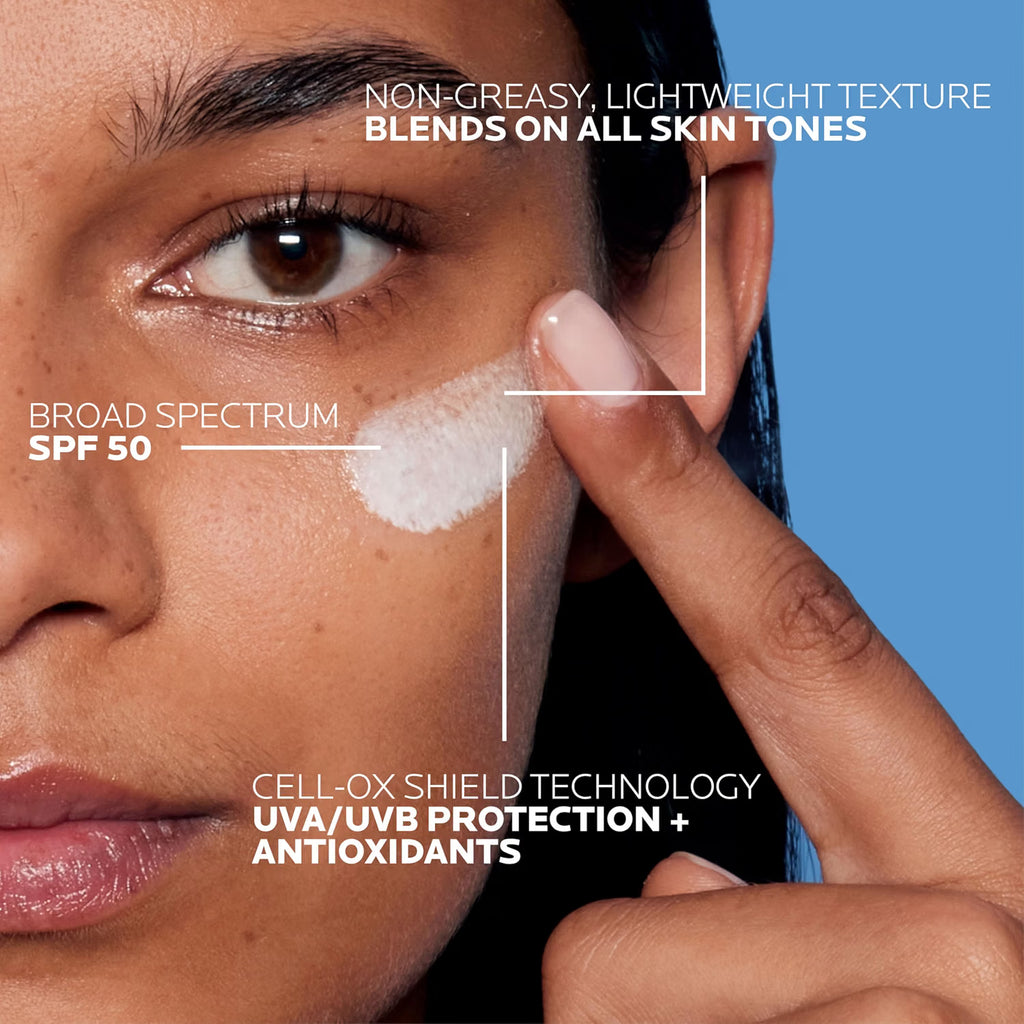 Woman applying sunscreen to her face with text highlighting product features.