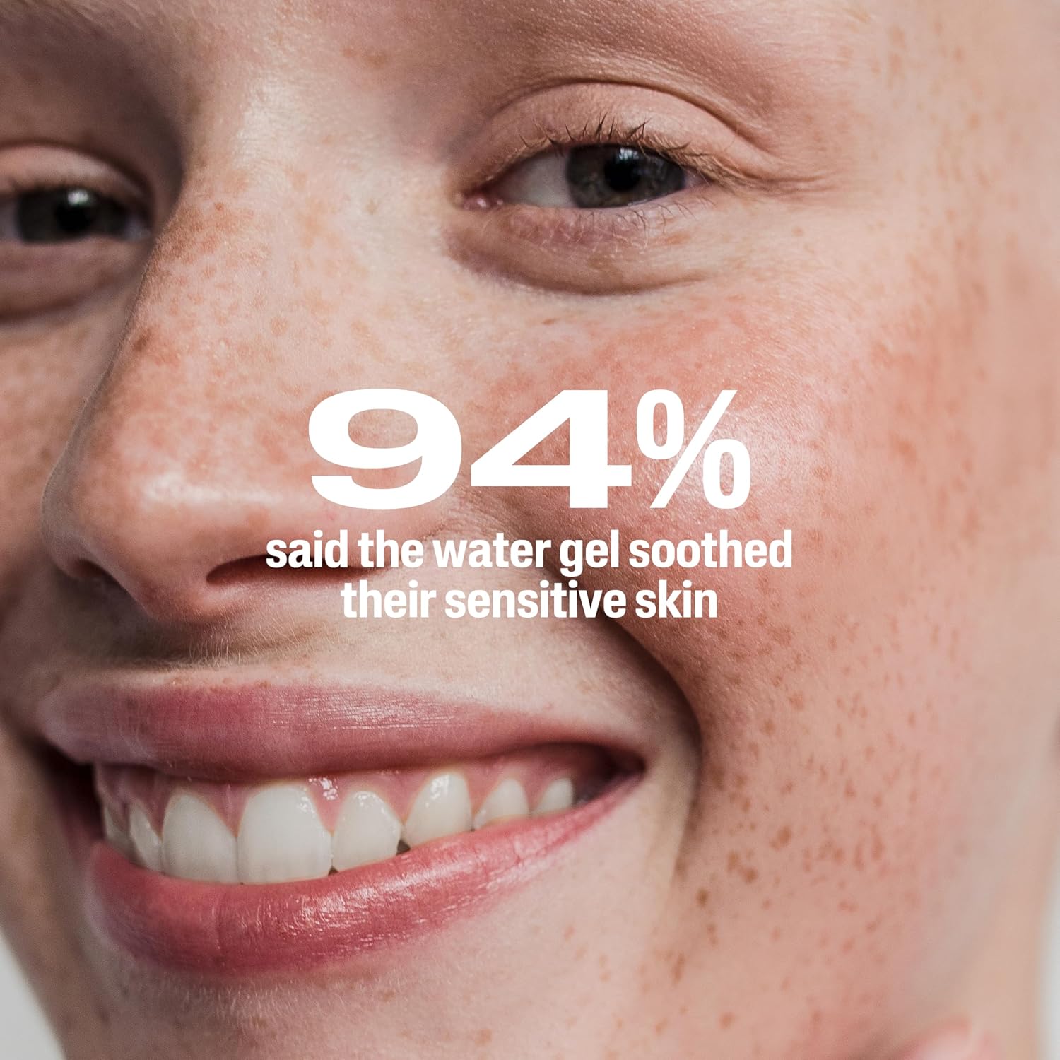 Close-up of a person's face with text about water gel soothing sensitive skin.