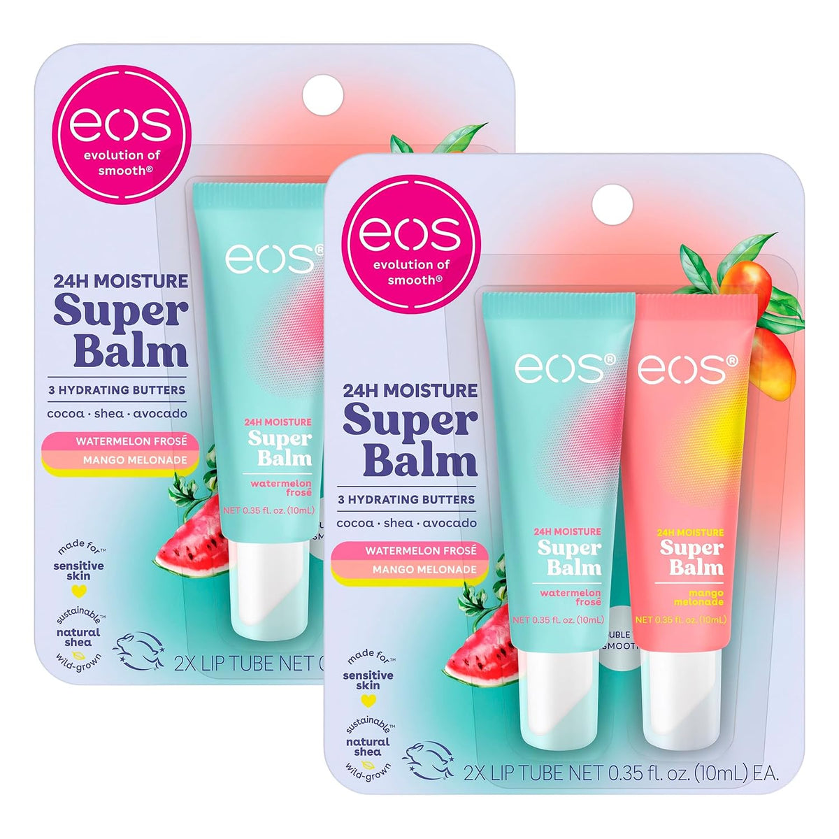 Two EOS 24H Moisture Super Balm lip balm tube sets in their original retail packaging, featuring watermelon frose and mango melodice flavors.