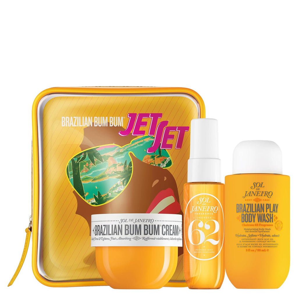 Brazilian Bum Bum Jet Set skincare product set with a yellow case, cream, spray, and body wash.