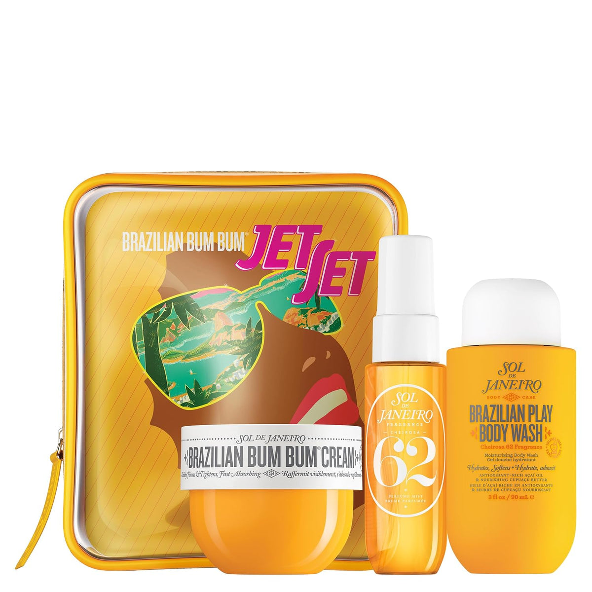Brazilian Bum Bum Jet Set skincare product set with a yellow case, cream, spray, and body wash.