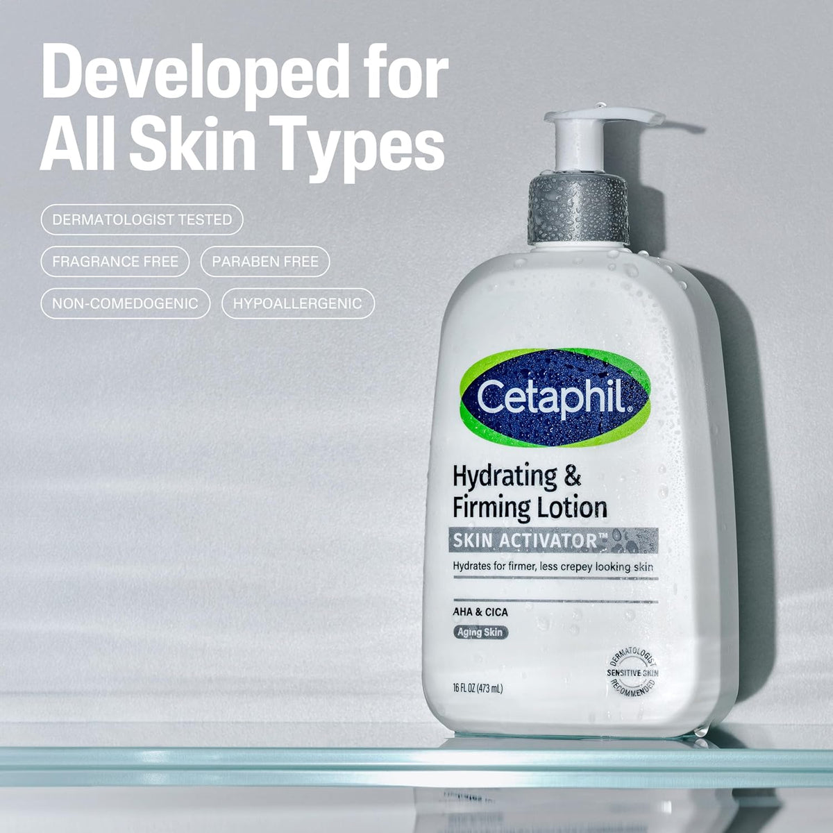 Cetaphil hydrating and firming lotion on a gray background