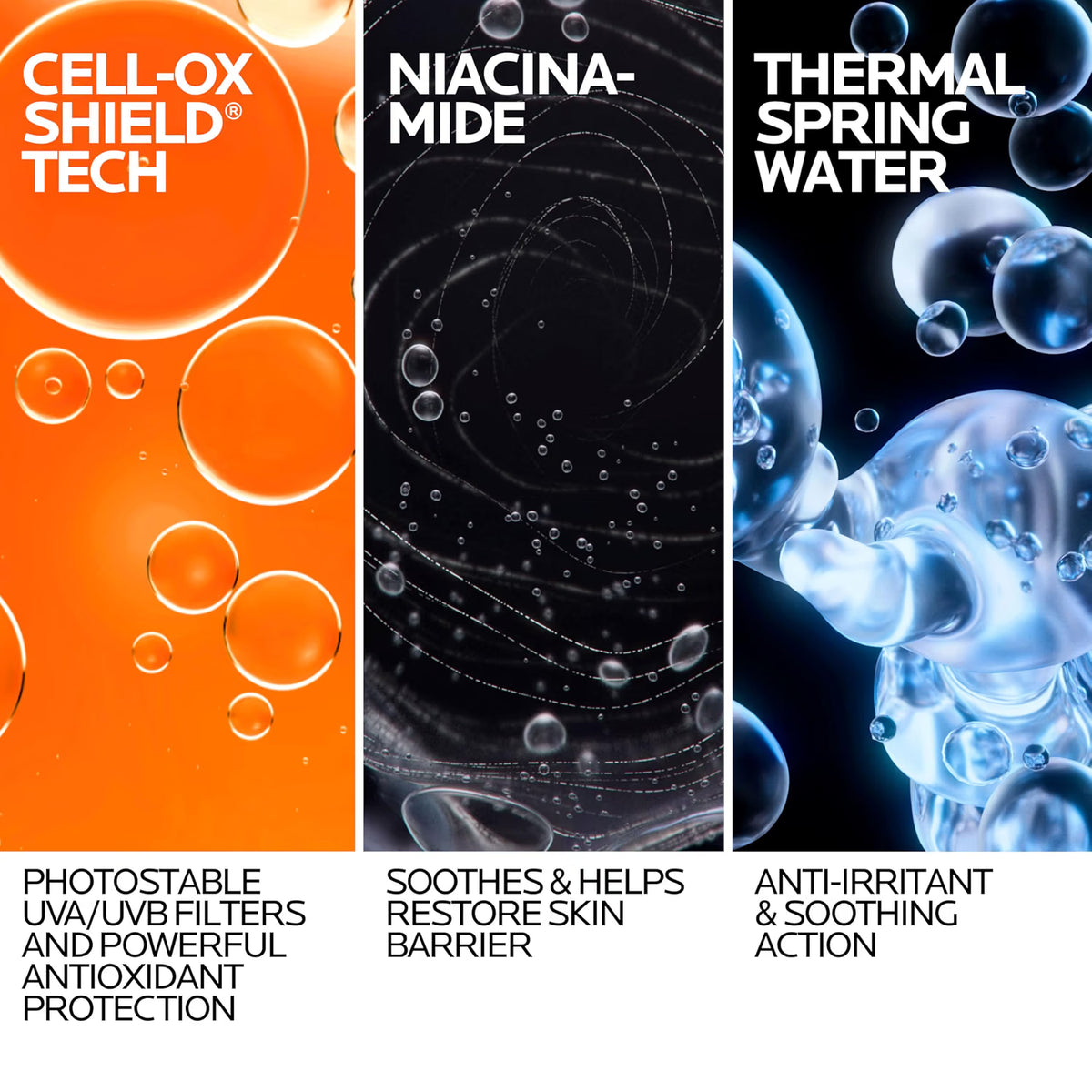 Three product labels with bubbles and text about CELL-OX SHIELD TECH, Niacina-Mide, and Thermal Spring Water.