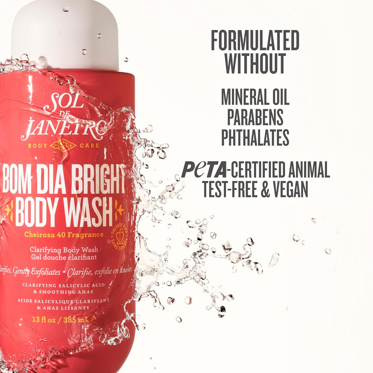 Red bottle of Sol de Janeiro Bom Dia Bright Body Wash on a white background