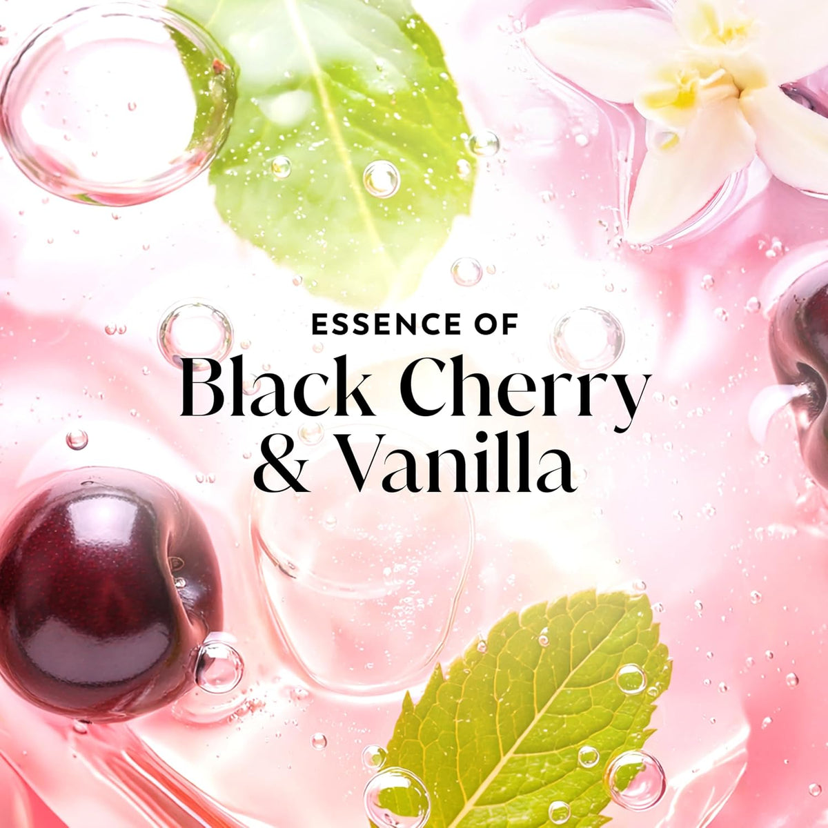 Product packaging with black cherry and vanilla elements on a pink and green background.