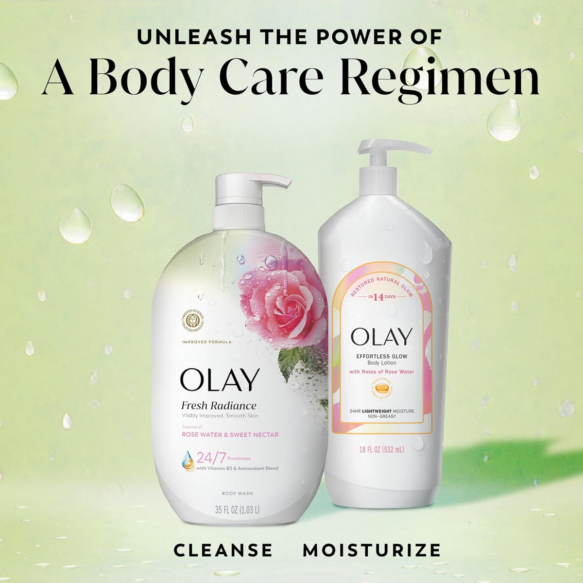Two Olay body care products on a light green background with text about a body care regimen.