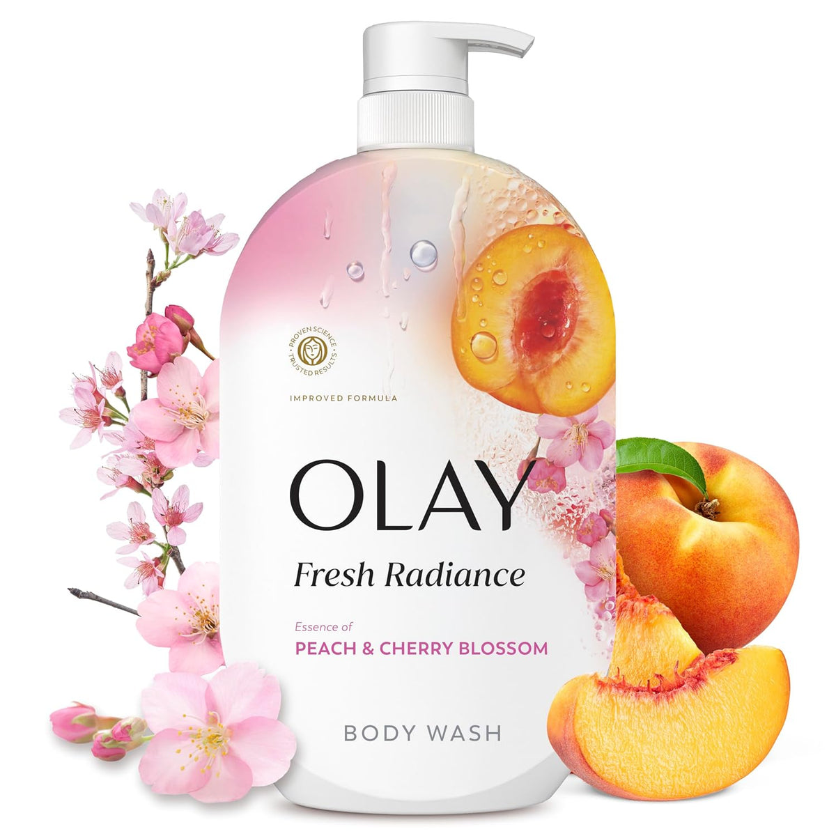 A bottle of Olay Fresh Radiance body wash with peach and cherry blossom graphics, shown on a white background with pink blossoms and peach slices.