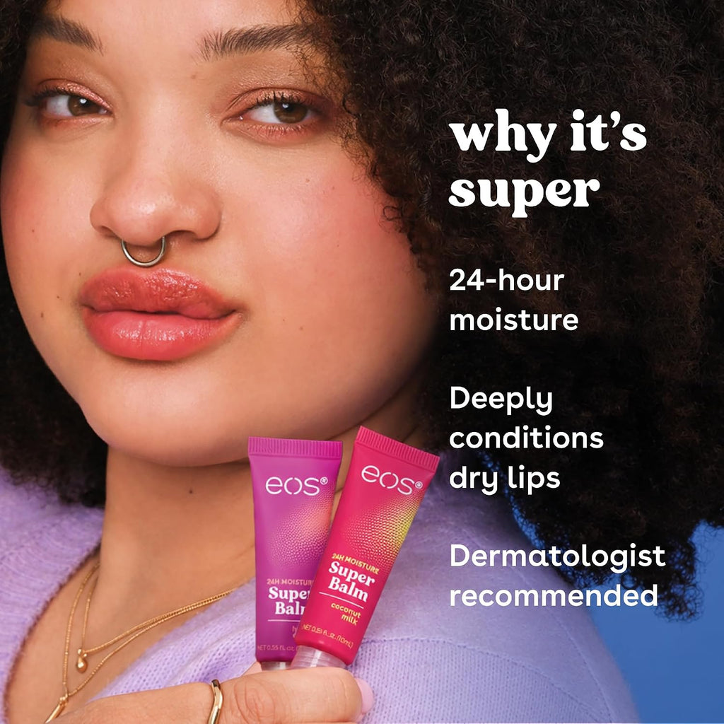 A close-up lifestyle shot of a woman holding two EOS lip balms, one pink and one red, with promotional text on the right reading 'why it's super' and '24-hour moisture Deeply conditions dry lips Dermatologist recommended'.
