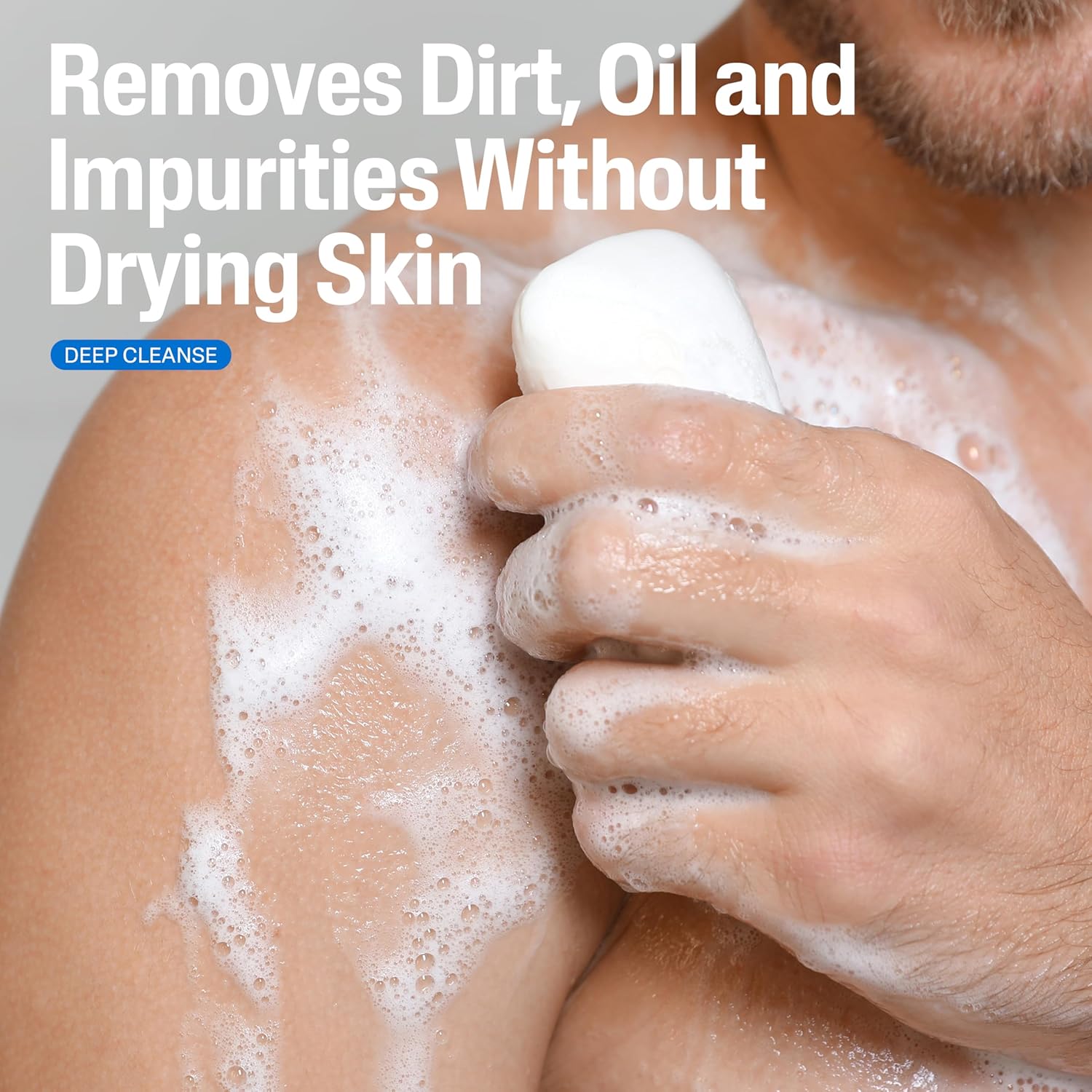 Person using a skincare product on their skin with text about deep cleanse.