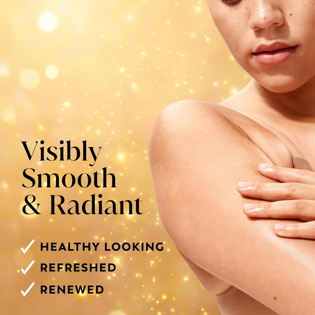 Close-up of a woman's shoulder and upper chest with a hand resting on her arm, set against a sparkling gold background with the text 'Visibly Smooth & Radiant' and three benefit claims: 'HEALTHY LOOKING,' 'REFRESHED,' and 'RENEWED.'.