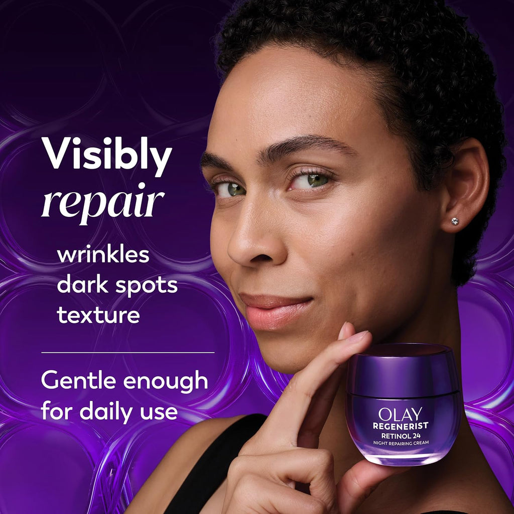 Woman holding Olay Regenerist cream with product and text on a purple background