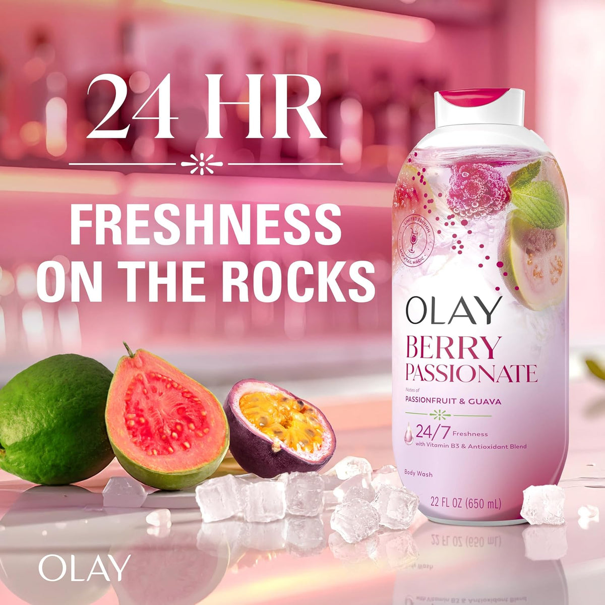 Olay Berry Passionate skincare product with fruits and ice on a pink background
