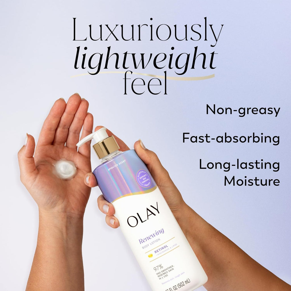 Olay Renewing body wash held by a hand with text indicating ' luxuriously lightweight feel on a light purple background.
