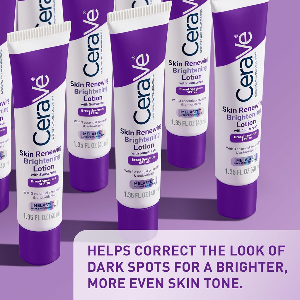 Six tubes of CeraVe Skin Renewal Brightening Lotion with Scalenolide and Ferulic Acid are arranged in a fan shape against a purple gradient background with a text banner at the bottom.