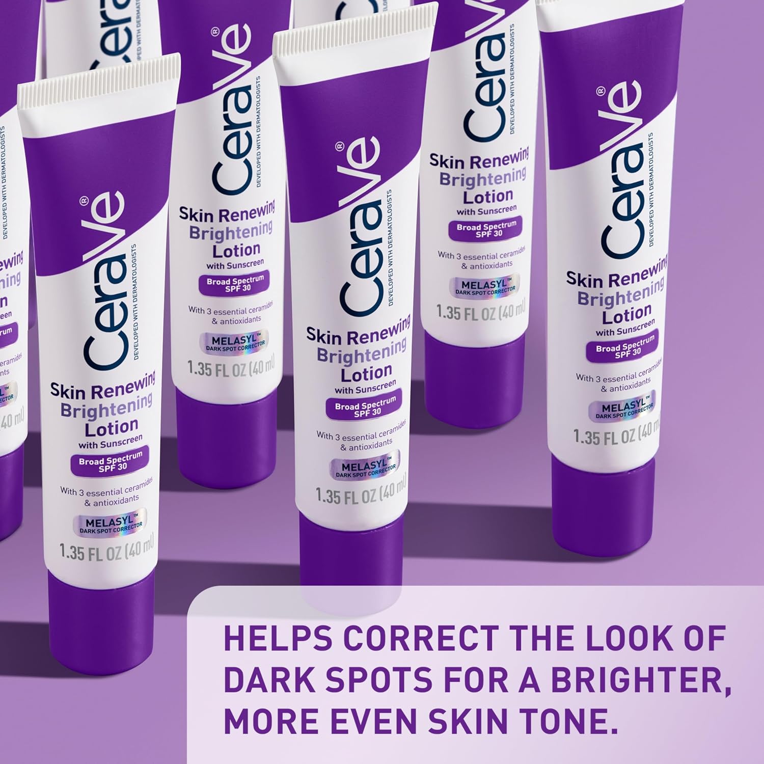 Six tubes of CeraVe Skin Renewal Brightening Lotion with Scalenolide and Ferulic Acid are arranged in a fan shape against a purple gradient background with a text banner at the bottom.