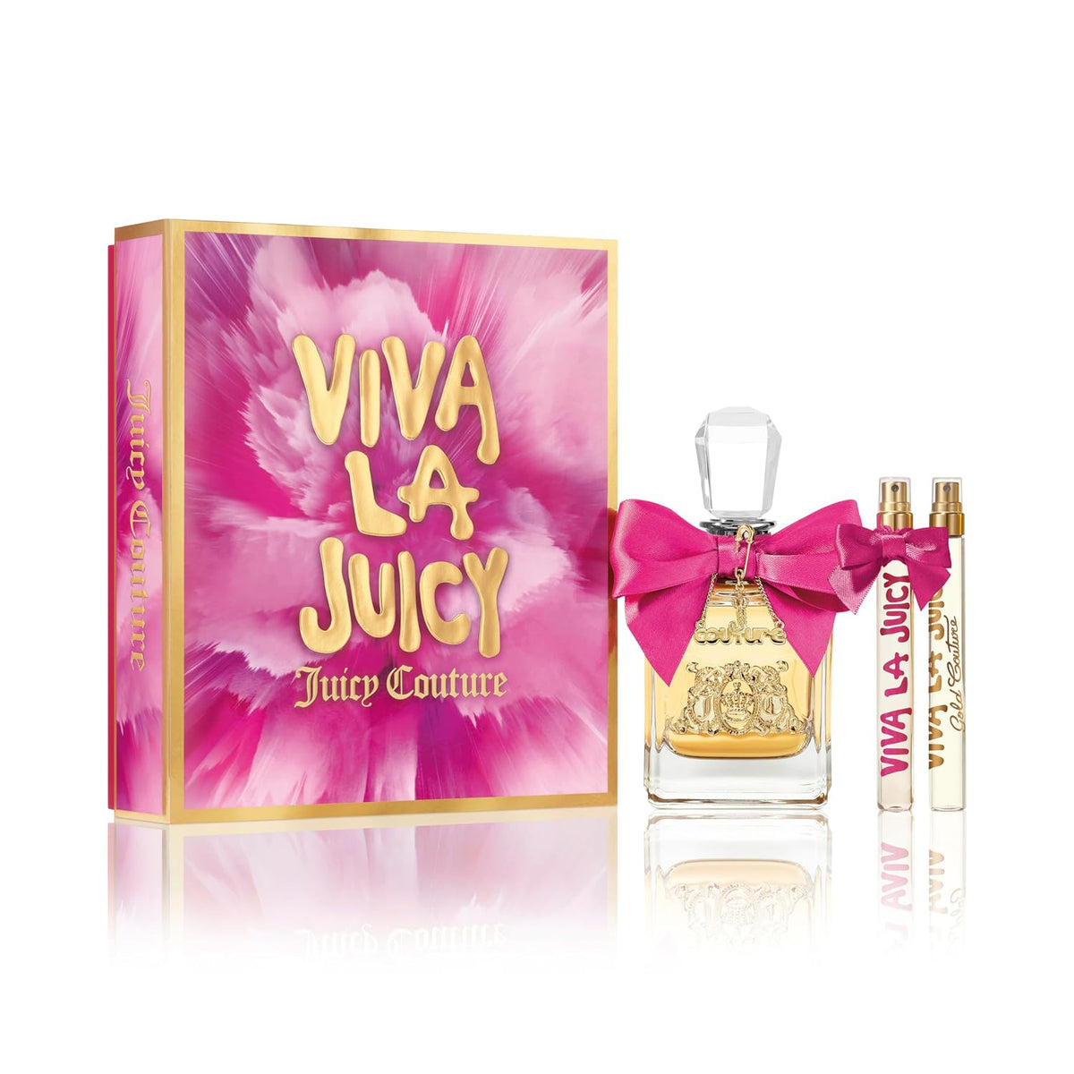 Juicy Couture Viva La Juicy perfume gift set featuring a pink floral box with gold lettering, a clear glass perfume bottle tied with a pink bow, and two matching travel spray vials on a white background.