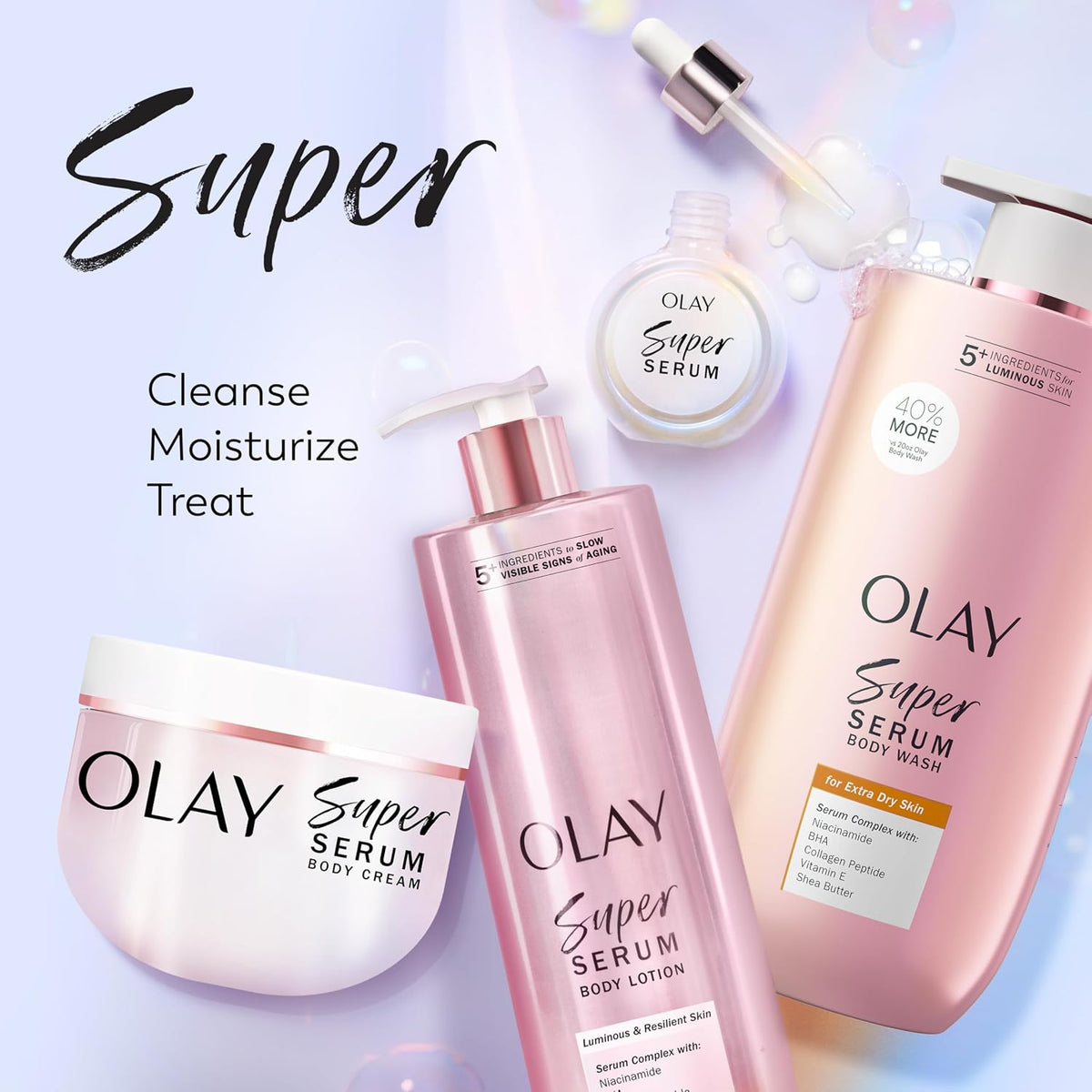 Olay Super Serum skincare products on a light purple background