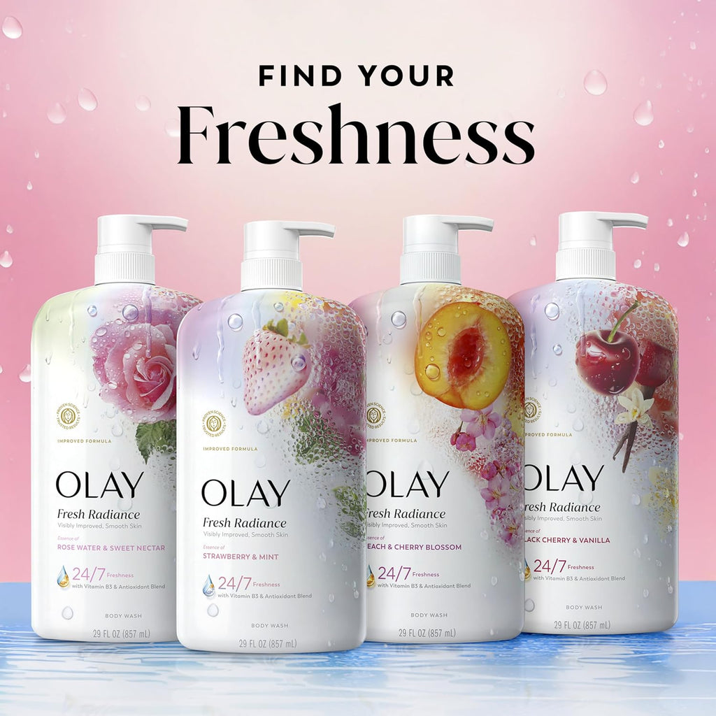 Four Olay Fresh Radiance bottles with fruit and flower graphics on a pink background