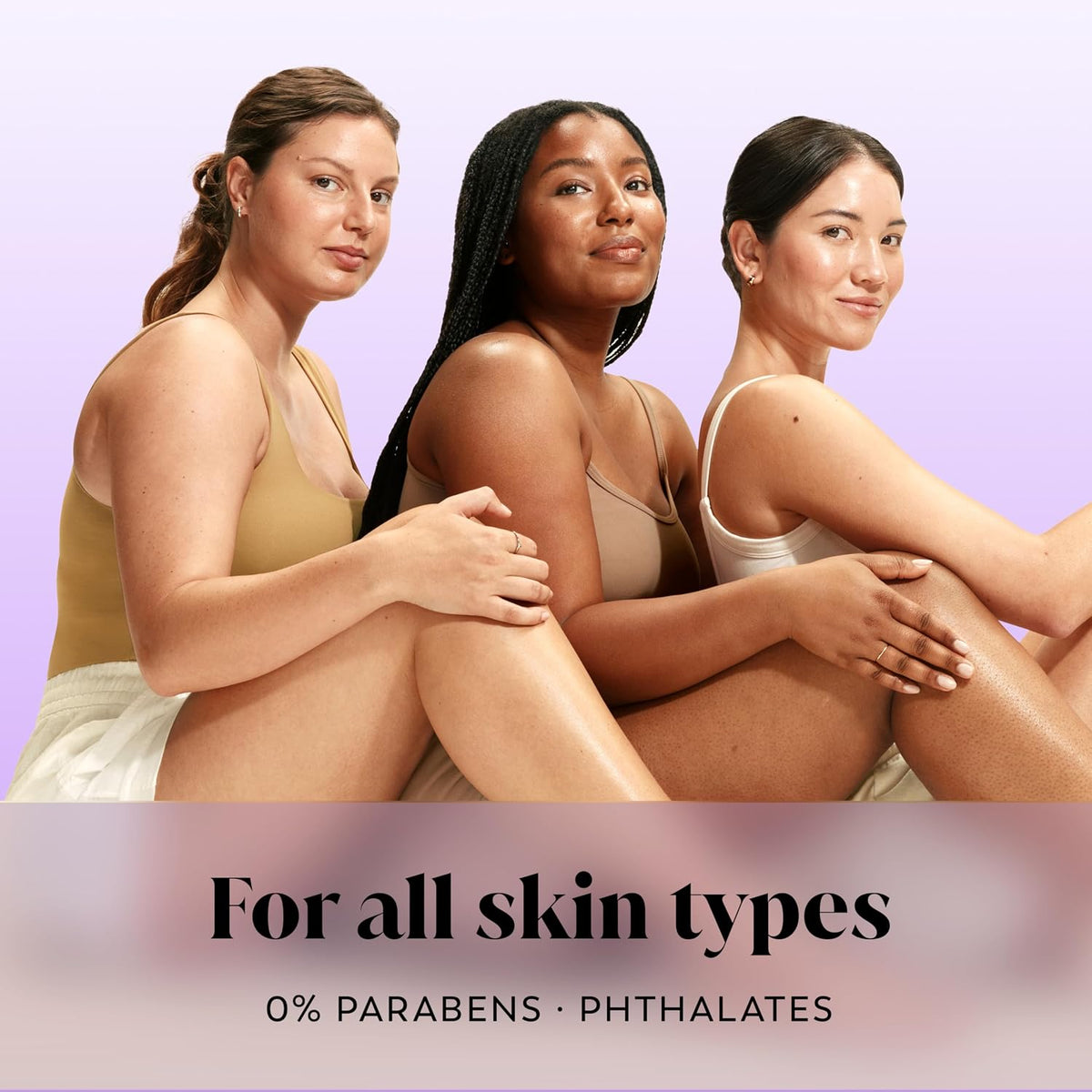 Three women sitting side by side wearing neutral-toned tank tops, with text at the bottom reading 'For all skin types' and '0% PARABSENS • PHTHALATES' on a pale lavender background.