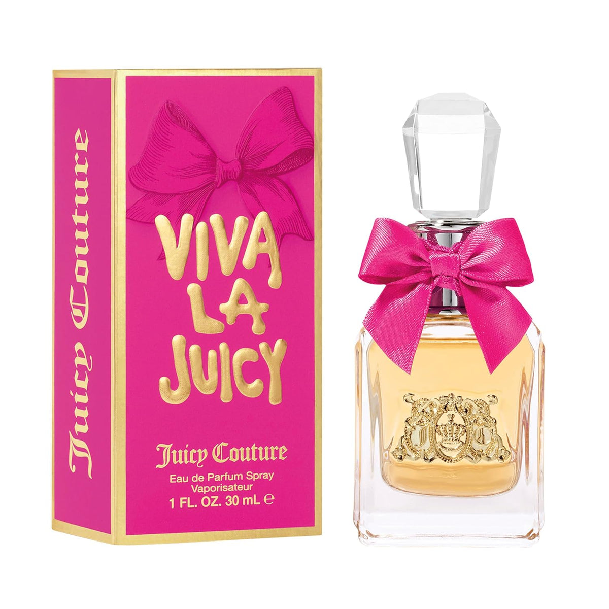 Juicy Couture Viva La Juicy perfume bottle and packaging with a pink bow on a white background