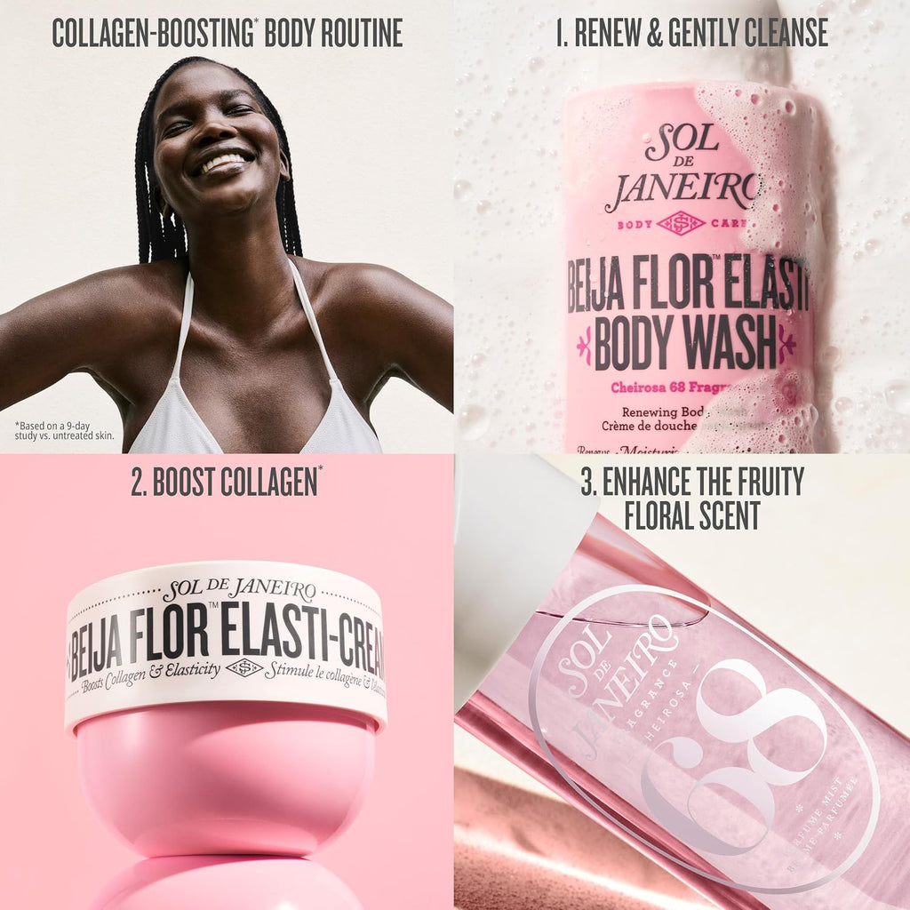 Collagen-boosting body routine with Sol de Janeiro products on a pink background