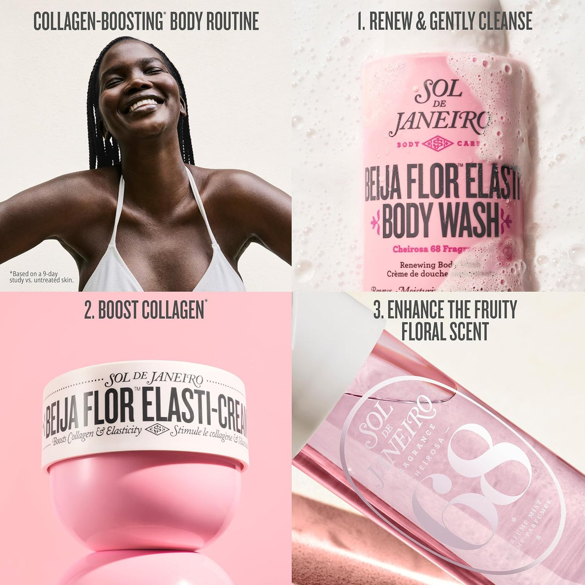 Collagen-boosting body routine with Sol de Janeiro products on a pink background