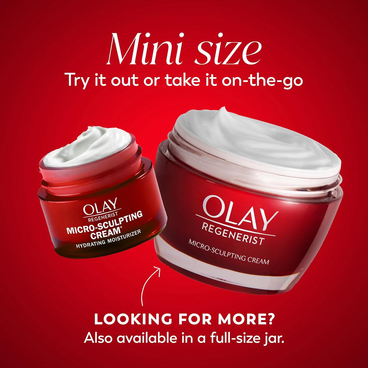 Olay Regenerist micro-sculpting cream jars on a red background with text about mini size and full-size availability.