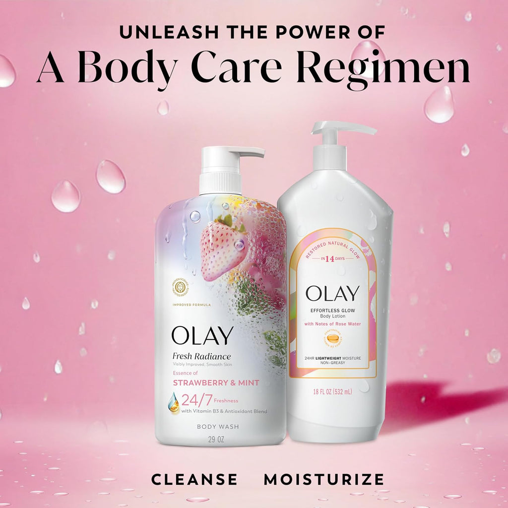Two Olay body care products on a pink background with water droplets.