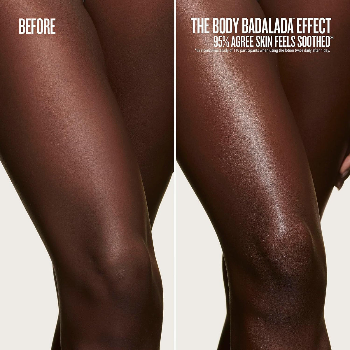 Before and after comparison of skin texture with text about 'The Body Badalada Effect'.