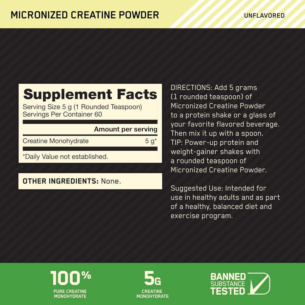 Optimum Nutrition Micronized Creatine Monohydrate Powder, Unflavored, 60 Servings, 300 Grams (Packaging May Vary)