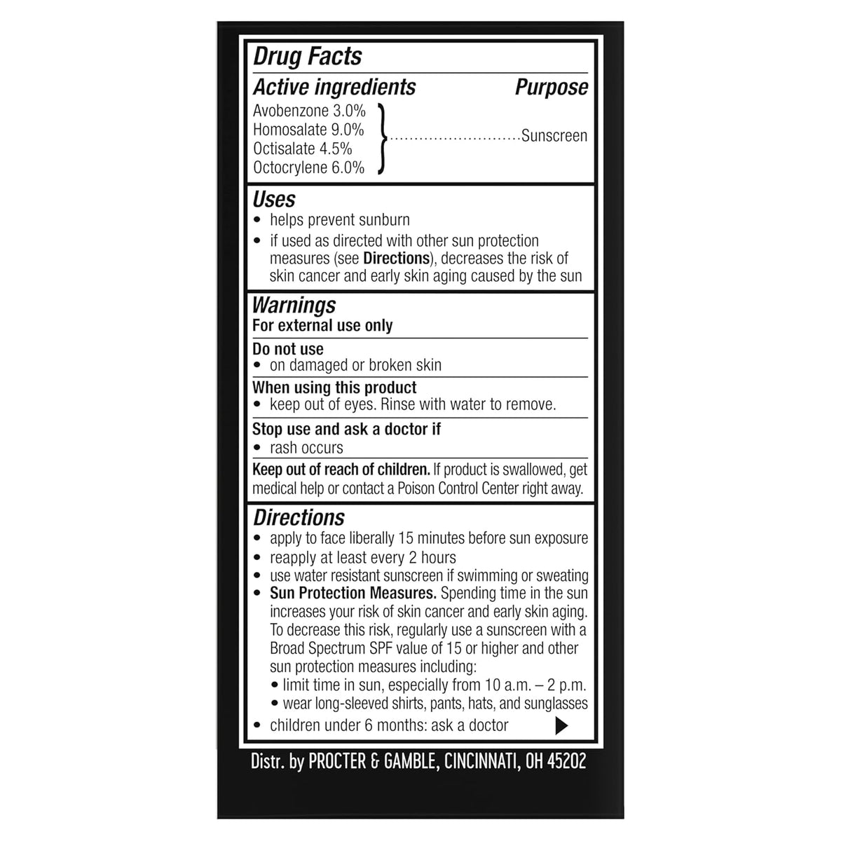 A black and white Drug Facts label for Avobenzone 3.0%, Homosalic 9.
