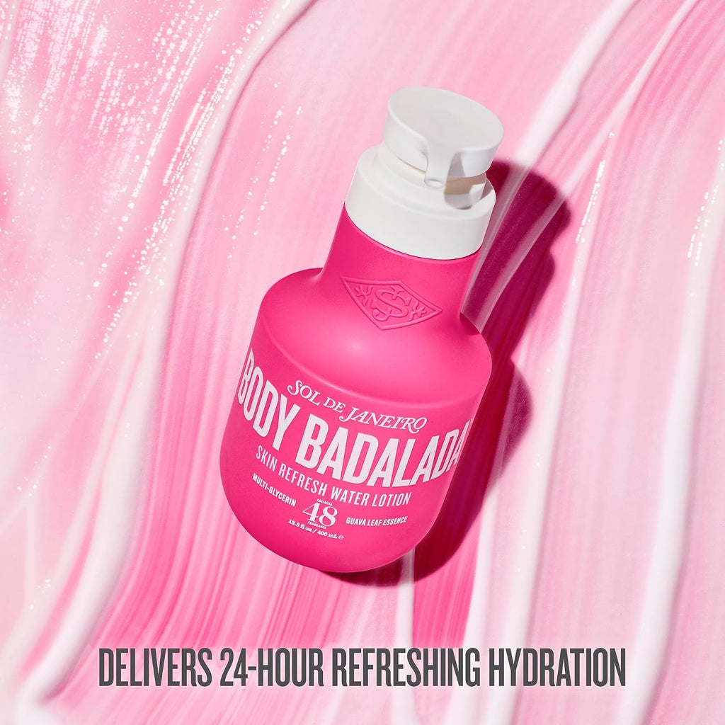 Pink bottle of 'Body Badalada' lotion on a pink background with text about hydration.