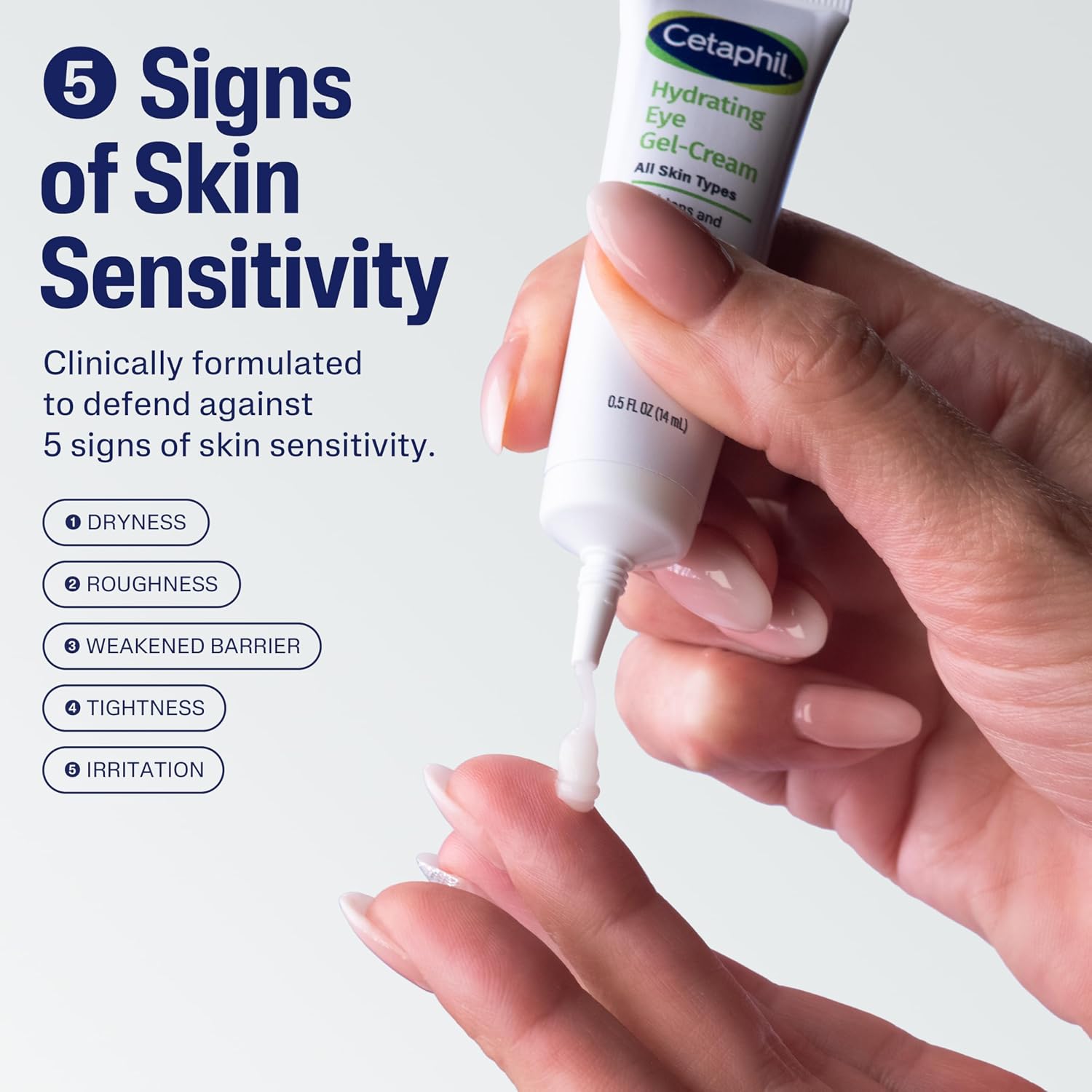 Cetaphil eye gel-cream being applied to a hand with text about skin sensitivity.