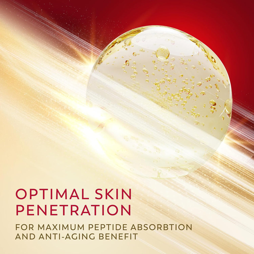 Cosmetic product with gold particles on a red and beige gradient background, emphasizing optimal skin penetration.
